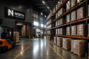 Modern 3PL warehouse in Mississauga with pallet racking, inventory, loading dock, forklift and North Industries branding.