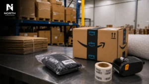North Industries Amazon FBA prep station in the GTA with Amazon packages, barcode labels, packing materials, and warehouse storage.