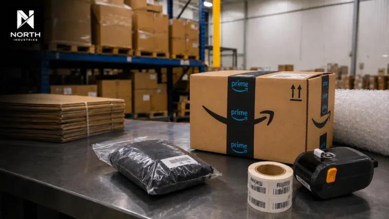 North Industries Amazon FBA prep station in the GTA with Amazon packages, barcode labels, packing materials, and warehouse storage.