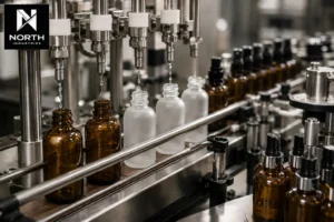 Liquid filling and co-packing line in Ontario with amber and frosted bottles and North Industries branding.