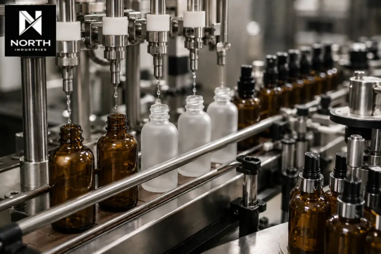 Liquid filling and co-packing line in Ontario with amber and frosted bottles and North Industries branding.