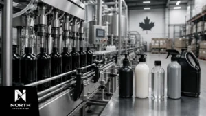 North Industries contract bottling facility in Ontario with automated liquid filling equipment and packaged bottles.