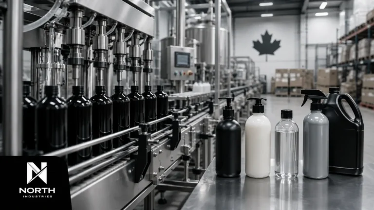 North Industries contract bottling facility in Ontario with automated liquid filling equipment and packaged bottles.