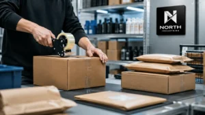 Ecommerce fulfillment packing station in Canada with parcels being prepared for shipment and North Industries branding.