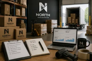 North Industries warehouse showing a 3PL transition setup with inventory, fulfillment equipment, performance tracking, and outbound shipping.