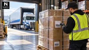 North Industries warehouse associate scanning a labelled pallet beside a freight truck for B2B retail and wholesale fulfillment in Canada.