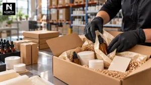 North Industries team member carefully packing serum bottles and skincare jars in protective custom packaging at a Canadian beauty fulfillment warehouse.