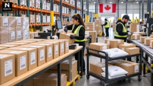 North Industries team preparing labelled marketplace cartons and direct-to-customer parcels in a Mississauga warehouse.