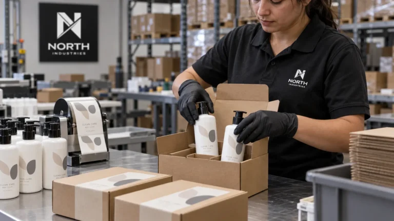 Worker packs personal care bottles into a divided cardboard box beside a label dispenser, with North Industries branding in the background.