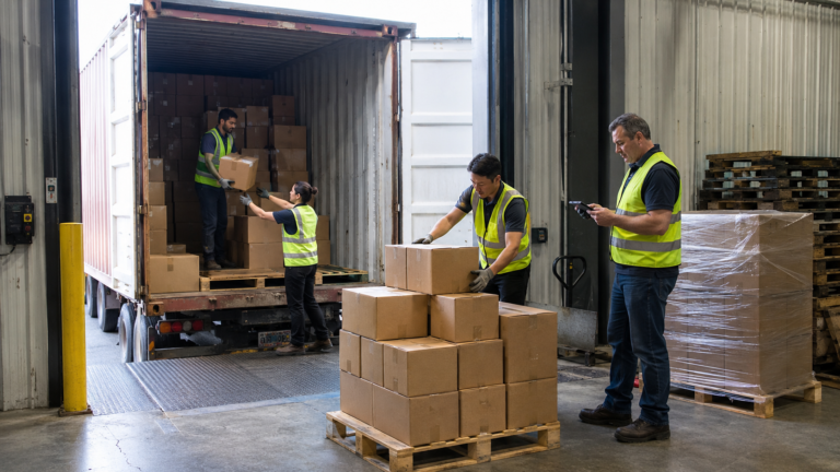 Warehouse team unloading, palletizing, and counting cartons from a shipping container at a Mississauga receiving dock.