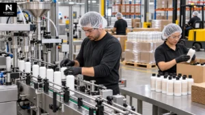 North Industries team filling, checking and packing non-food consumer product bottles at its Mississauga contract manufacturing facility.