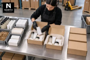 North Industries team assembling and quality-checking subscription kits with product components and shipping boxes in a Mississauga fulfilment facility.