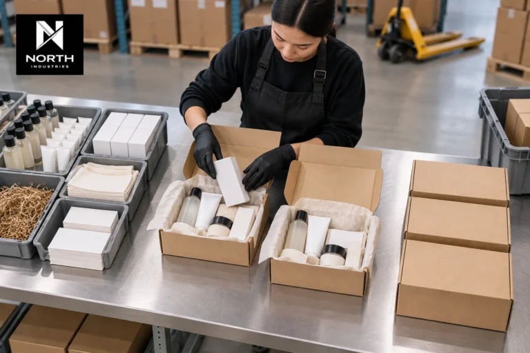 North Industries team assembling and quality-checking subscription kits with product components and shipping boxes in a Mississauga fulfilment facility.