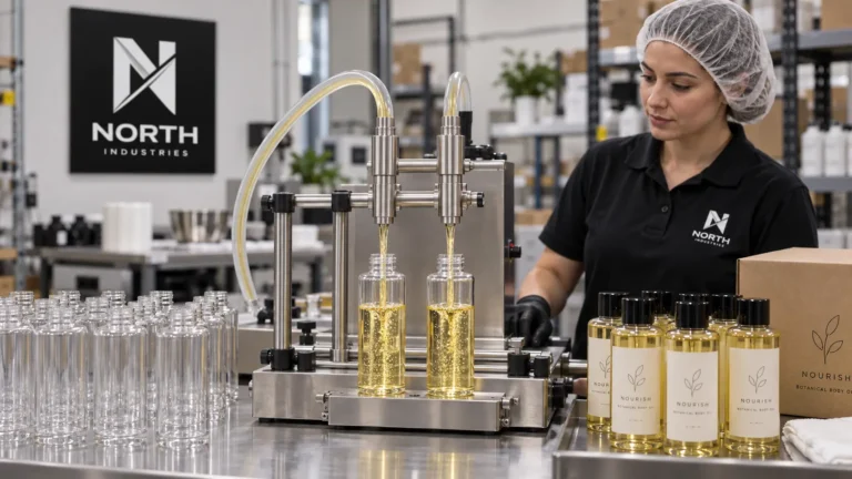 Operator supervises a liquid filling machine dispensing oil into cosmetic bottles, with finished products and North Industries branding nearby.
