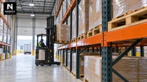 North Industries pallet storage warehouse in Mississauga with racked, shrink-wrapped inventory and a forklift in operation.