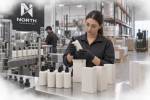 North Industries worker inspecting unbranded personal-care bottles beside packaging boxes in a private-label manufacturing and fulfilment facility in Ontario.