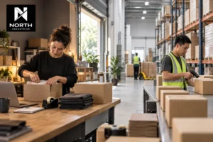 Founder packing ecommerce orders at a home workspace beside a professional North Industries fulfilment warehouse with staff preparing outbound parcels.