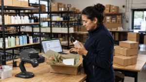 Canadian warehouse employee checking and packing an ecommerce order at a Shopify fulfilment workstation.