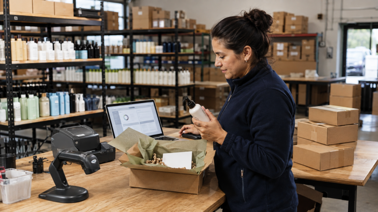 Canadian warehouse employee checking and packing an ecommerce order at a Shopify fulfilment workstation.