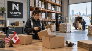 Worker scans a carton in a warehouse with North Industries branding, US and Canadian flags, and a delivery van at the loading dock.