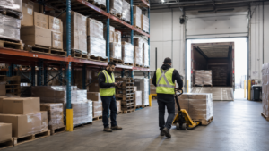 North Industries warehouse workers receiving and organizing palletized inventory at a loading dock in Mississauga.