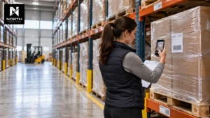Brand owner documenting labelled pallet inventory in an organized Canadian 3PL warehouse to maintain clear ownership records.