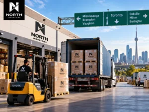 North Industries 3PL warehouse in Mississauga illustrated with container unloading, pallet handling, and local delivery connections across the Greater Toronto Area.