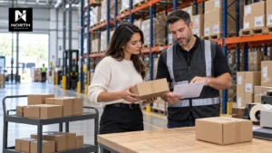 Ecommerce brand founder reviewing a parcel and fulfillment checklist with a warehouse manager at a North Industries warehouse in Ontario.