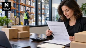 Business owner reviewing a 3PL fulfillment invoice beside parcel boxes, with warehouse operations visible in the background.