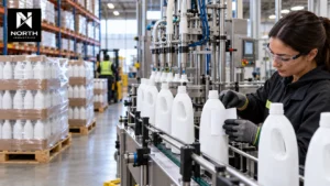 North Industries team member applying labels to household liquid bottles beside a filling line and ready-to-ship palletized stock.