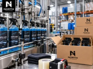 Automotive detailing spray bottles on a liquid filling and co-packing line, with labelled car care products and shipping cartons at North Industries.