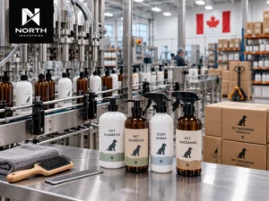 Pet grooming product manufacturing in Canada featuring dog shampoo and coat spray bottles on a liquid filling and packaging line, with North Industries branding.