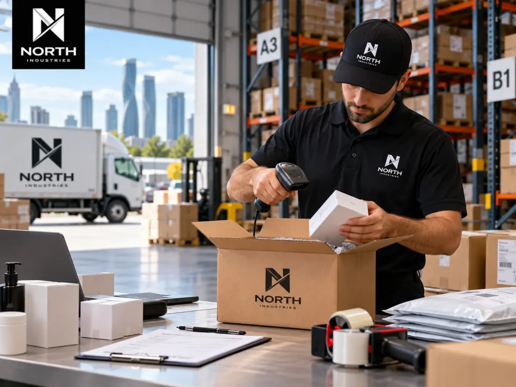 North Industries warehouse worker scanning and packing ecommerce orders at a pick and pack fulfillment station in Mississauga, Ontario.
