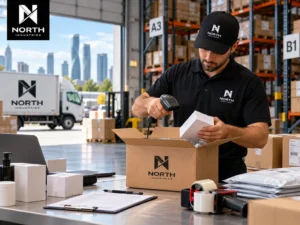 North Industries warehouse worker scanning and packing ecommerce orders at a pick and pack fulfillment station in Mississauga, Ontario.