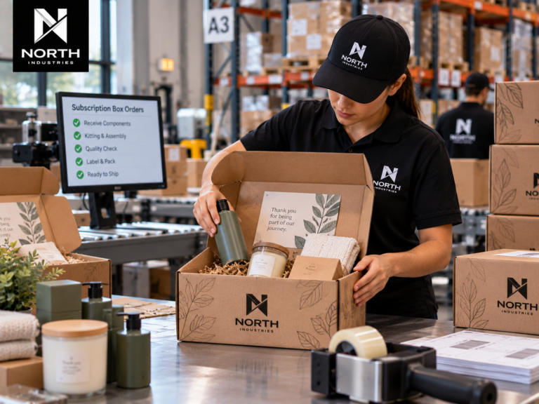 North Industries warehouse worker assembling a subscription box with curated products and packaging inserts at a fulfillment station in Mississauga, Ontario.
