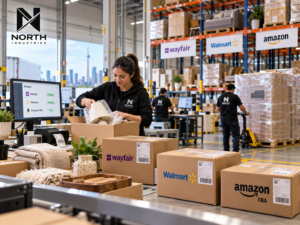 North Industries 3PL warehouse illustrating Wayfair, Walmart Canada, and Amazon fulfillment with order packing, inventory storage, and shipping preparation in Mississauga, Ontario.