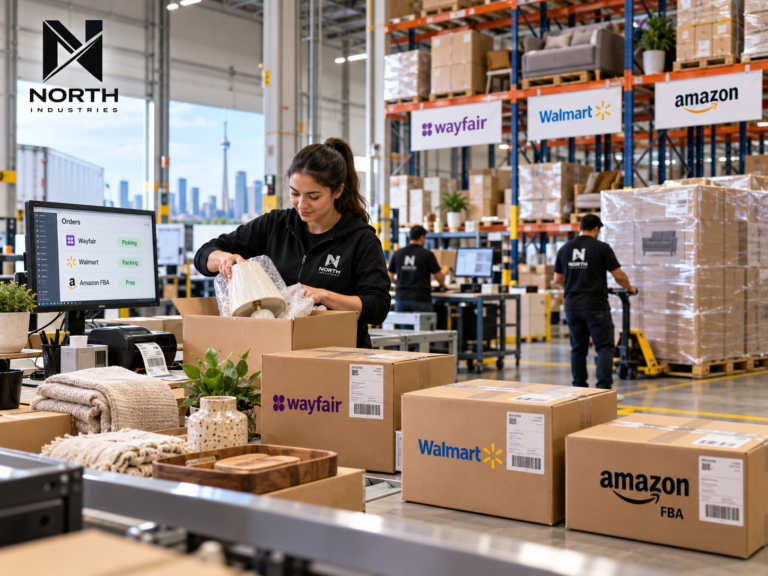 North Industries 3PL warehouse illustrating Wayfair, Walmart Canada, and Amazon fulfillment with order packing, inventory storage, and shipping preparation in Mississauga, Ontario.